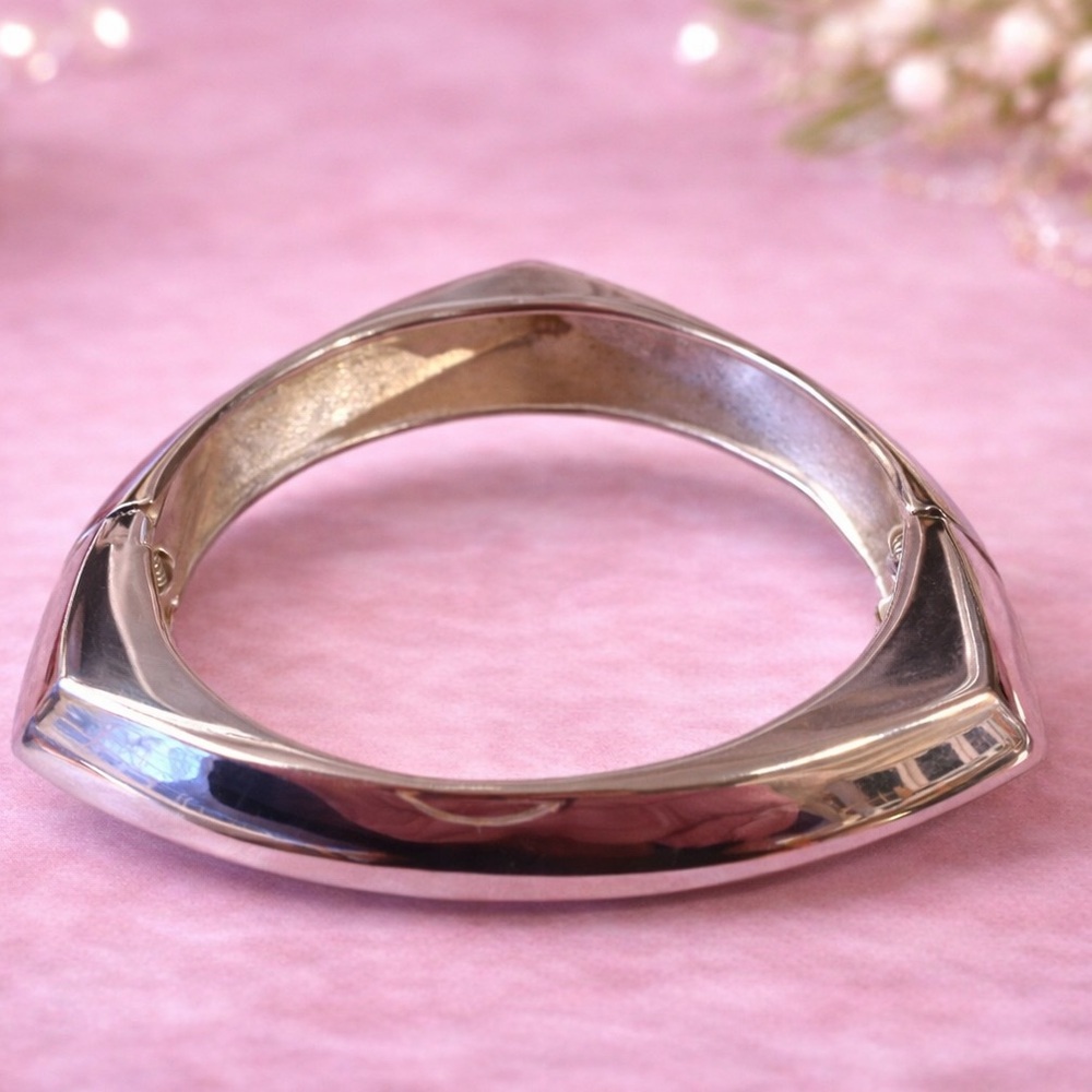 Modern Geometric Silver-Tone Hinged Cuff Bracelet 3” Wide Statement Bangle